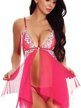 Pink Lace Trim Sheer Babydoll Chemise